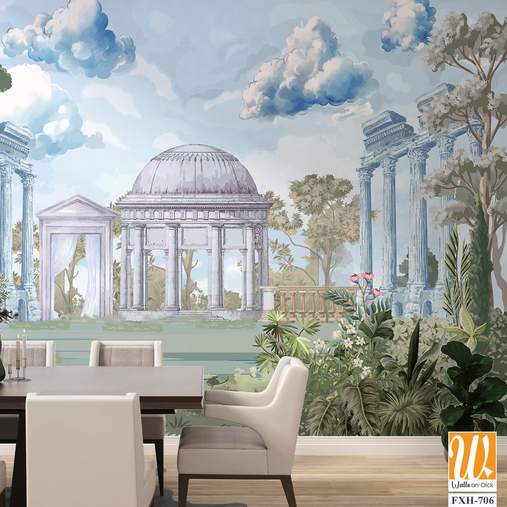 Ancient Roman architecture with garden, column, tree landscape illustration for wallpaper [WP-FXH-706]