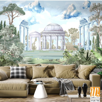 Ancient Roman architecture with garden, column, tree landscape illustration for wallpaper [WP-FXH-706]