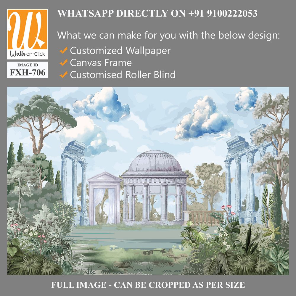 Ancient Roman architecture with garden, column, tree landscape illustration for wallpaper [WP-FXH-706]