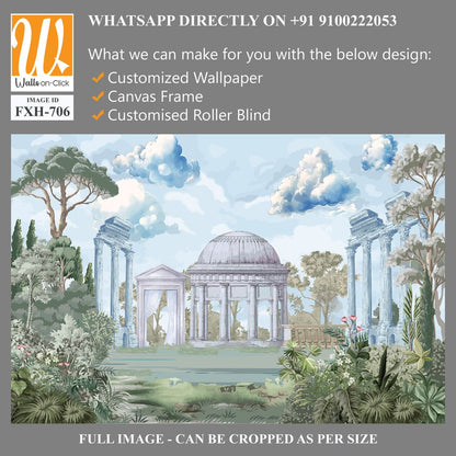 Ancient Roman architecture with garden, column, tree landscape illustration for wallpaper [WP-FXH-706]
