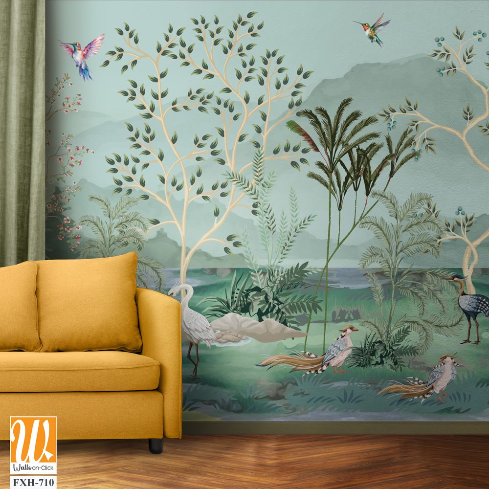 Chinoiserie Vintage floral illustration for wallpaper, fabric, poster, print. Mural. Bloom. Seamless background,Birds Watercolor background. [WP-FXH-710]