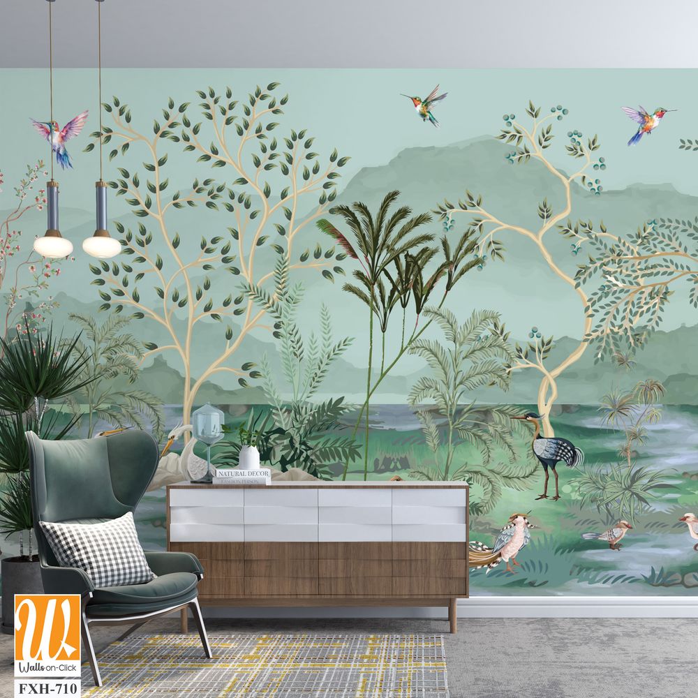 Chinoiserie Vintage floral illustration for wallpaper, fabric, poster, print. Mural. Bloom. Seamless background,Birds Watercolor background. [WP-FXH-710]