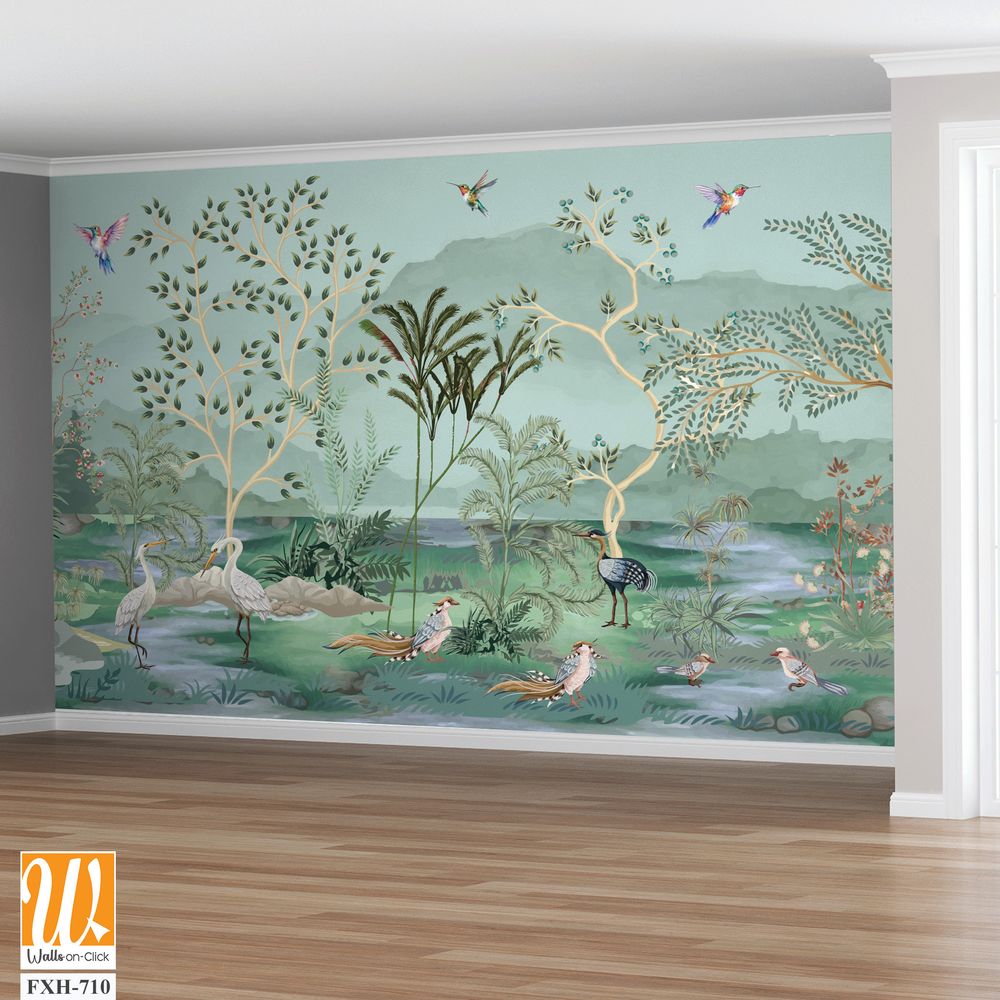 Chinoiserie Vintage floral illustration for wallpaper, fabric, poster, print. Mural. Bloom. Seamless background,Birds Watercolor background. [WP-FXH-710]
