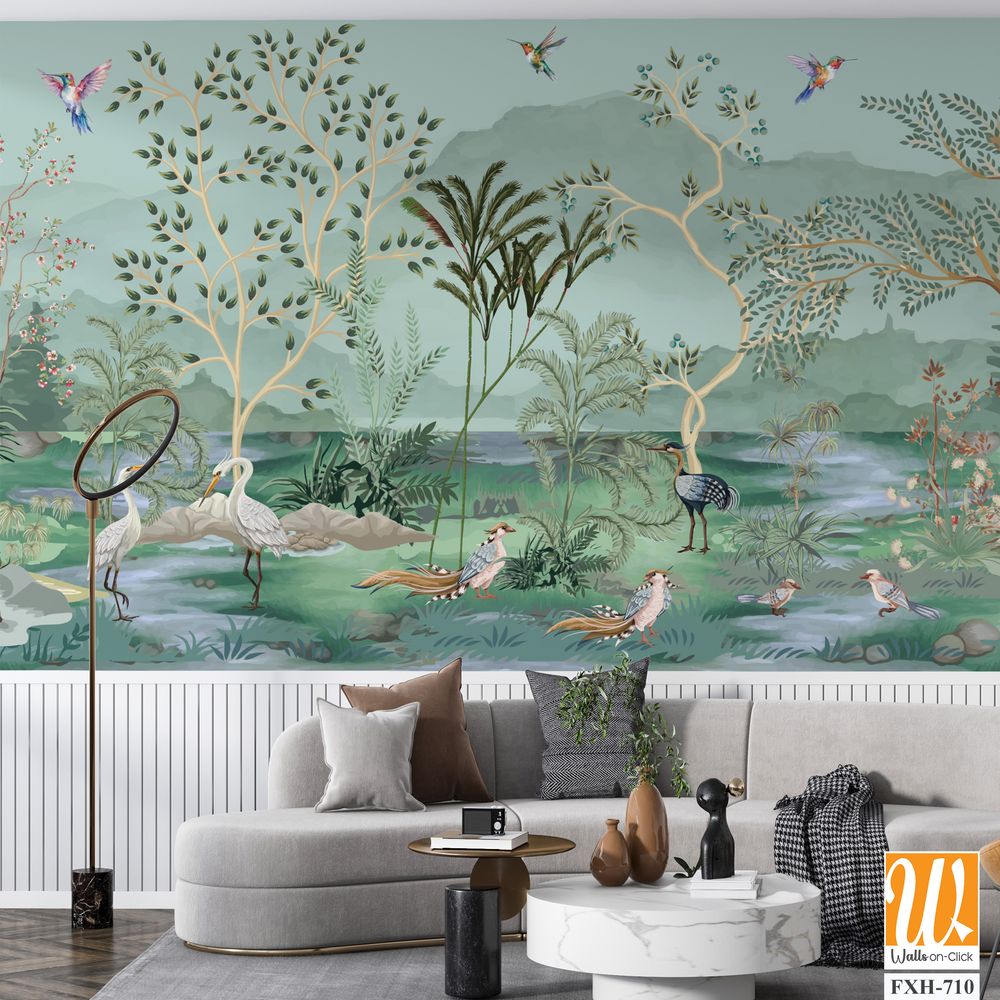 Chinoiserie Vintage floral illustration for wallpaper, fabric, poster, print. Mural. Bloom. Seamless background,Birds Watercolor background. [WP-FXH-710]
