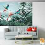 Beautiful tropical wallpaper with leaves and Flamingo birds, flowers, birds, butterflies in vintage painting style. [WP-FXH-711]
