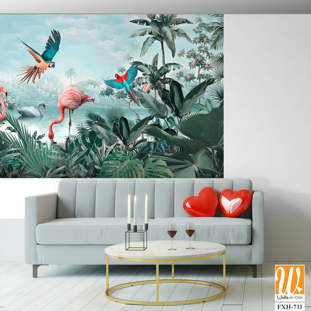 Beautiful tropical wallpaper with leaves and Flamingo birds, flowers, birds, butterflies in vintage painting style. [WP-FXH-711]