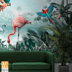 Beautiful tropical wallpaper with leaves and Flamingo birds, flowers, birds, butterflies in vintage painting style. [WP-FXH-711]