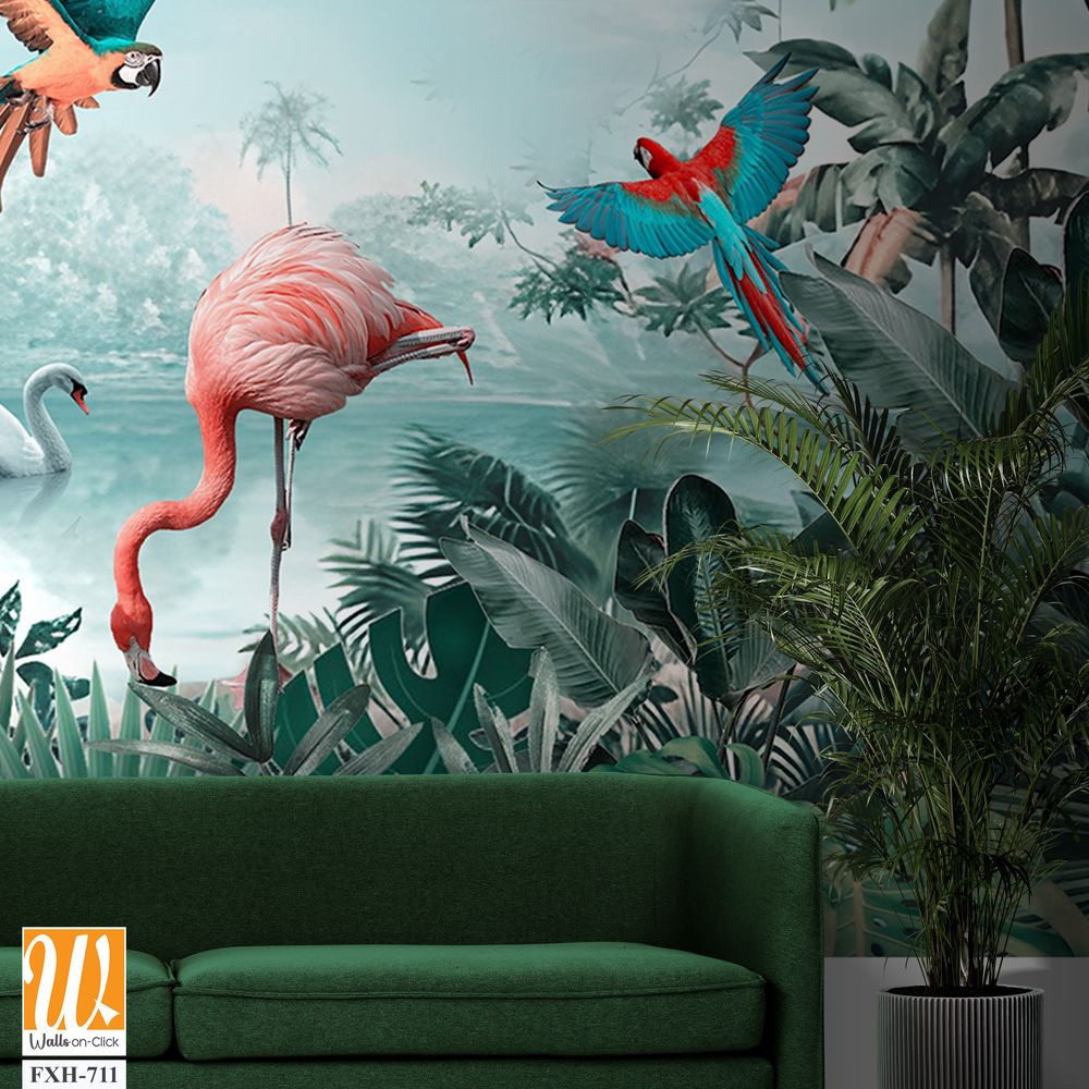 Beautiful tropical wallpaper with leaves and Flamingo birds, flowers, birds, butterflies in vintage painting style. [WP-FXH-711]