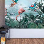 Beautiful tropical wallpaper with leaves and Flamingo birds, flowers, birds, butterflies in vintage painting style. [WP-FXH-711]