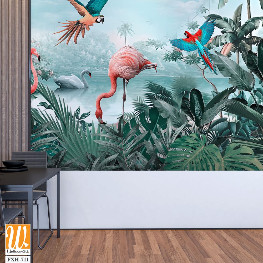Beautiful tropical wallpaper with leaves and Flamingo birds, flowers, birds, butterflies in vintage painting style. [WP-FXH-711]
