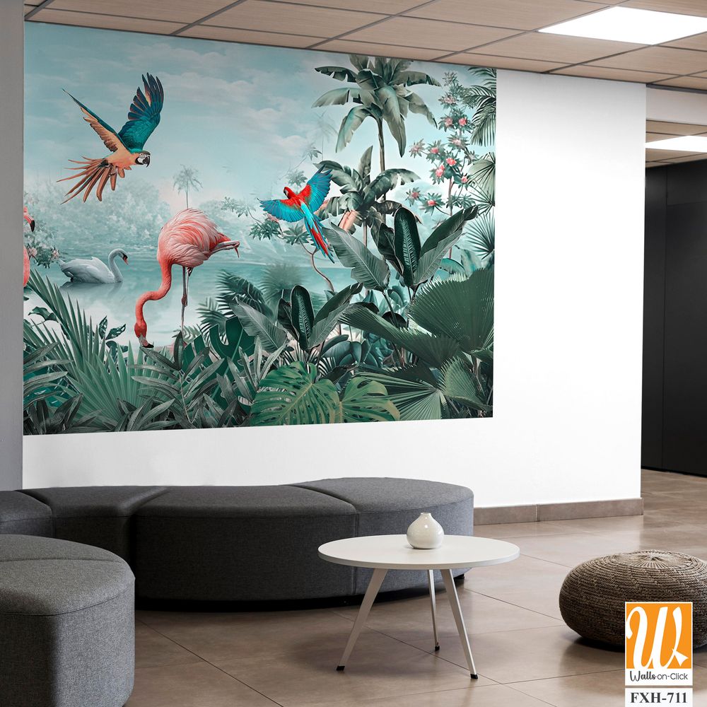 Beautiful tropical wallpaper with leaves and Flamingo birds, flowers, birds, butterflies in vintage painting style. [WP-FXH-711]