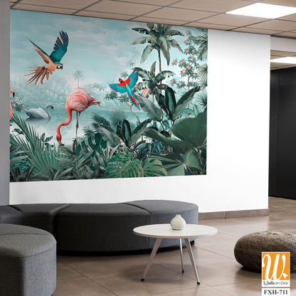 Beautiful tropical wallpaper with leaves and Flamingo birds, flowers, birds, butterflies in vintage painting style. [WP-FXH-711]