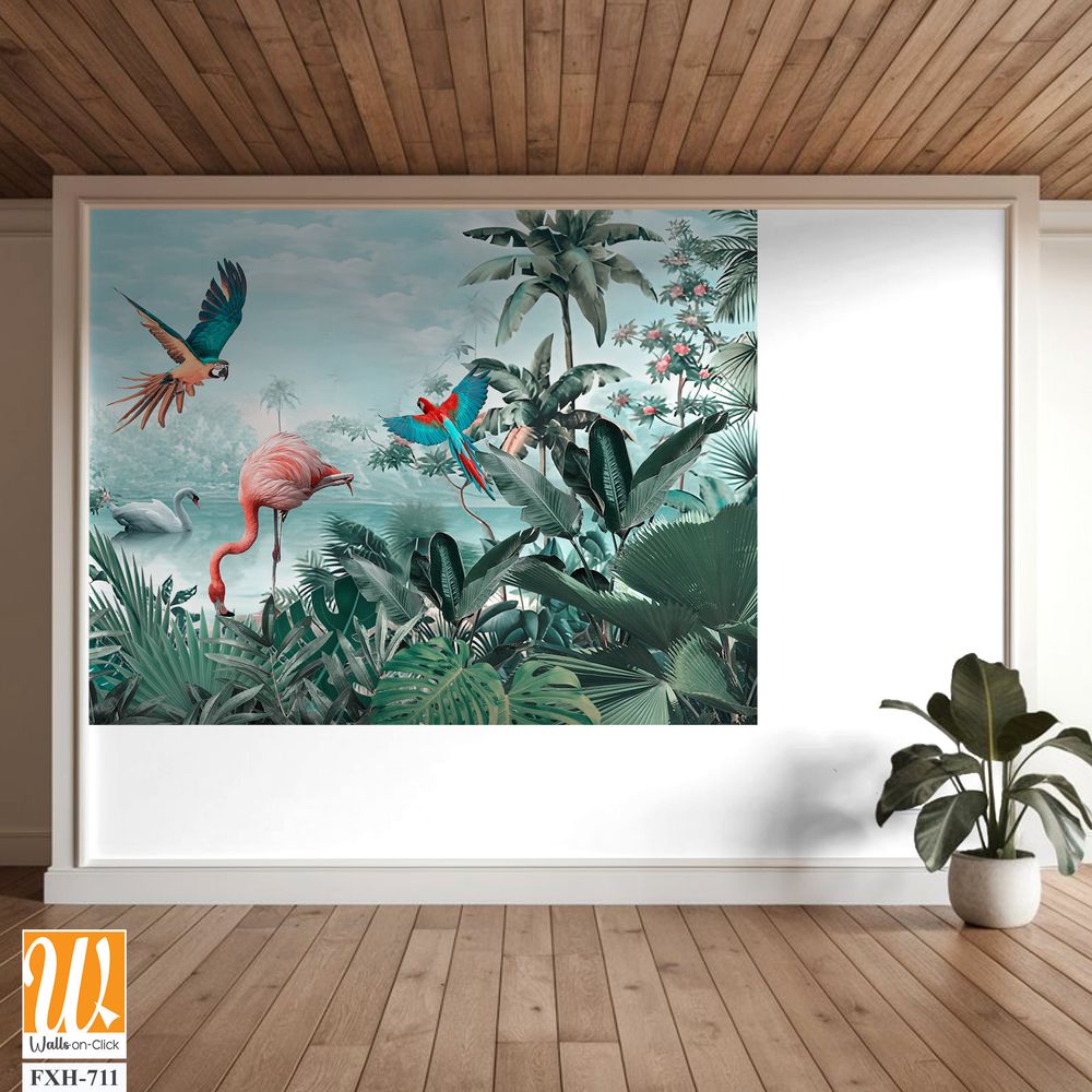 Beautiful tropical wallpaper with leaves and Flamingo birds, flowers, birds, butterflies in vintage painting style. [WP-FXH-711]