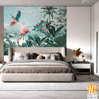 Beautiful tropical wallpaper with leaves and Flamingo birds, flowers, birds, butterflies in vintage painting style. [WP-FXH-711]