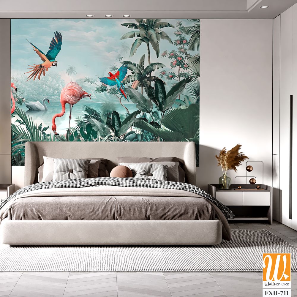 Beautiful tropical wallpaper with leaves and Flamingo birds, flowers, birds, butterflies in vintage painting style. [WP-FXH-711]