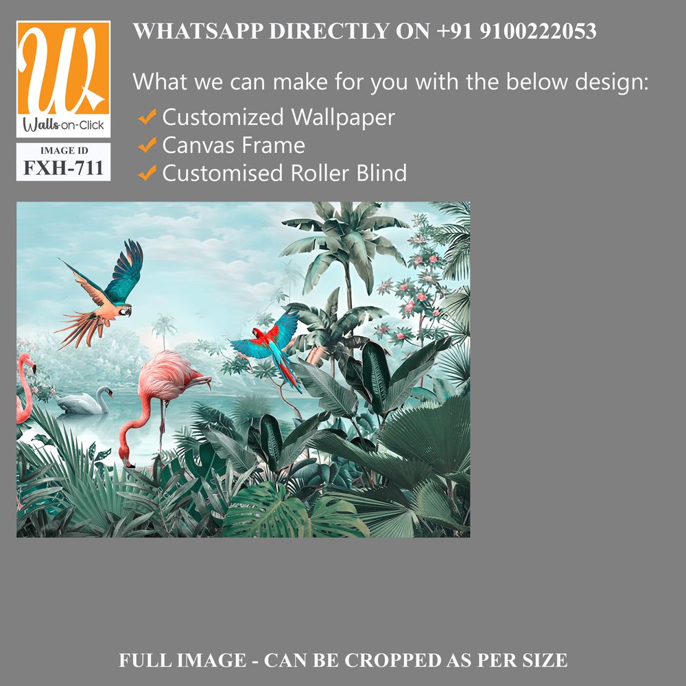 Beautiful tropical wallpaper with leaves and Flamingo birds, flowers, birds, butterflies in vintage painting style. [WP-FXH-711]