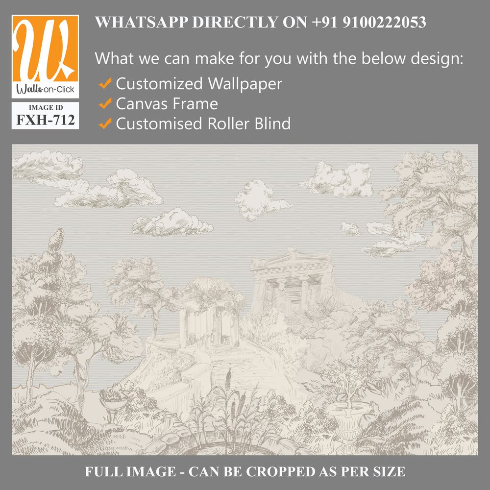 Vintage classical landscape with Roman ruins, palace, garden, tree hand drawn pen sketch illustration [WP-FXH-712]