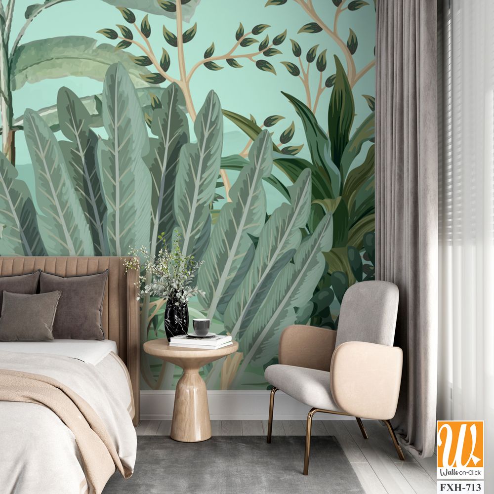 Tropical jungle wallpaper illustrations. Mural Banana tree and flamingo tropical plants for digital wallpaper. Exotic jungle wallpaper. [WP-FXH-713]