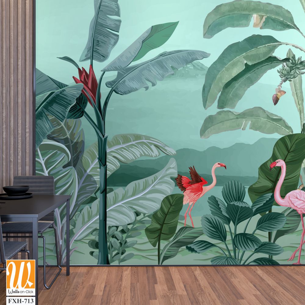 Tropical jungle wallpaper illustrations. Mural Banana tree and flamingo tropical plants for digital wallpaper. Exotic jungle wallpaper. [WP-FXH-713]
