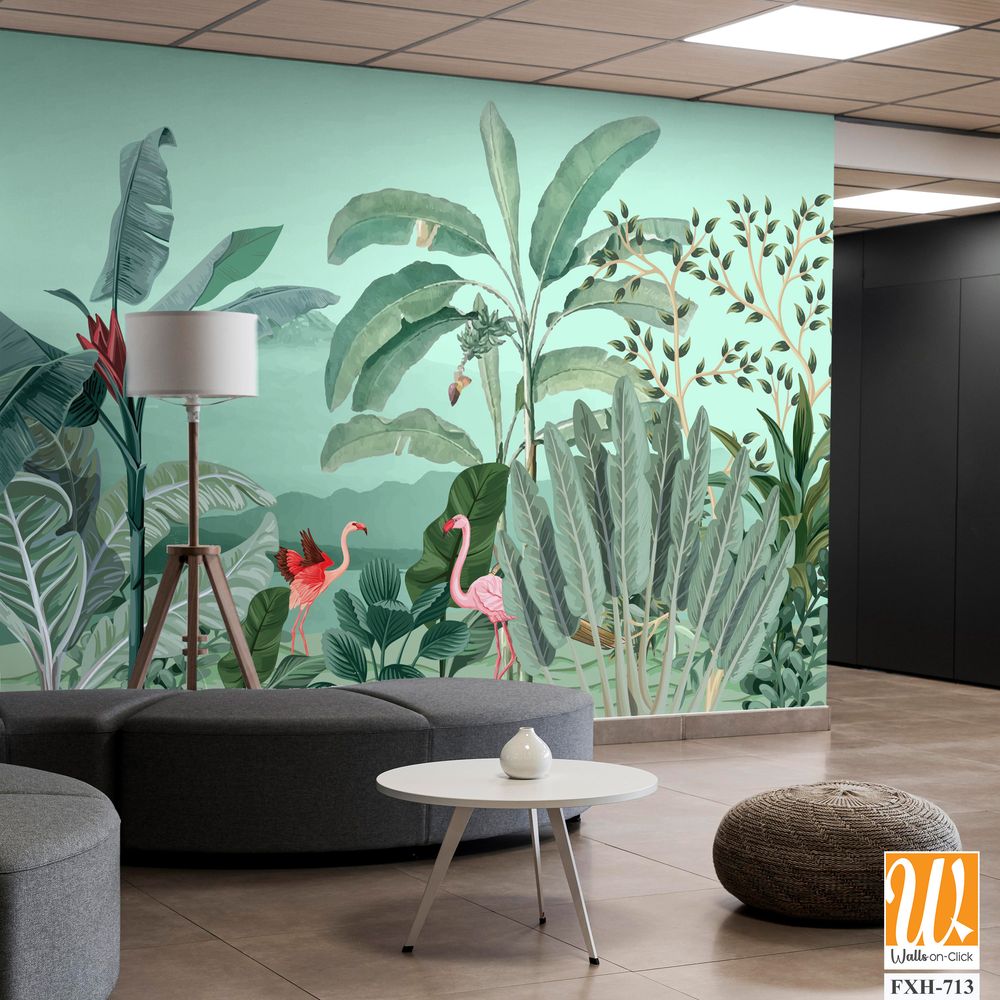 Tropical jungle wallpaper illustrations. Mural Banana tree and flamingo tropical plants for digital wallpaper. Exotic jungle wallpaper. [WP-FXH-713]