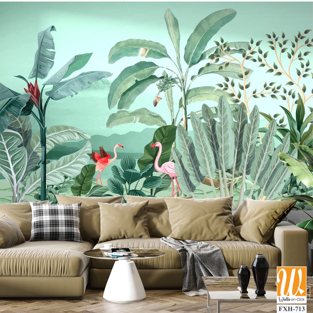 Tropical jungle wallpaper illustrations. Mural Banana tree and flamingo tropical plants for digital wallpaper. Exotic jungle wallpaper. [WP-FXH-713]