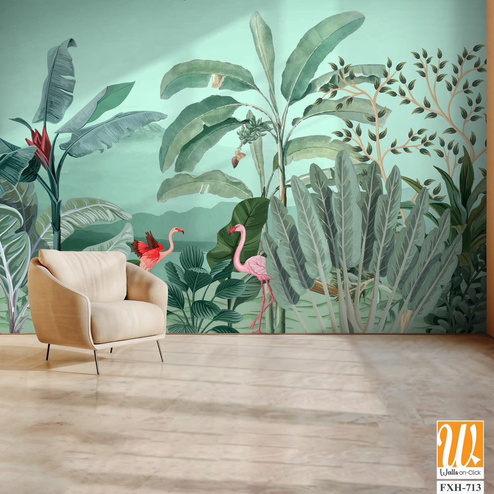 Tropical jungle wallpaper illustrations. Mural Banana tree and flamingo tropical plants for digital wallpaper. Exotic jungle wallpaper. [WP-FXH-713]