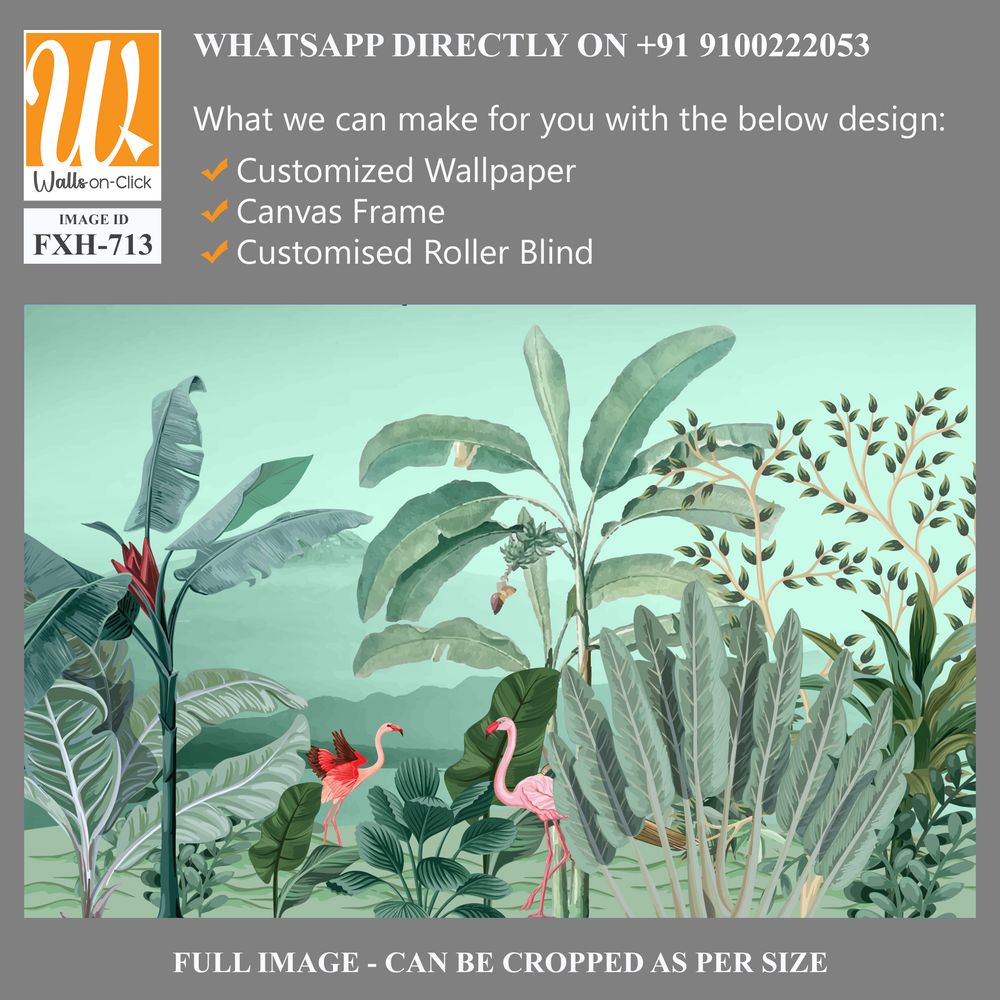 Tropical jungle wallpaper illustrations. Mural Banana tree and flamingo tropical plants for digital wallpaper. Exotic jungle wallpaper. [WP-FXH-713]