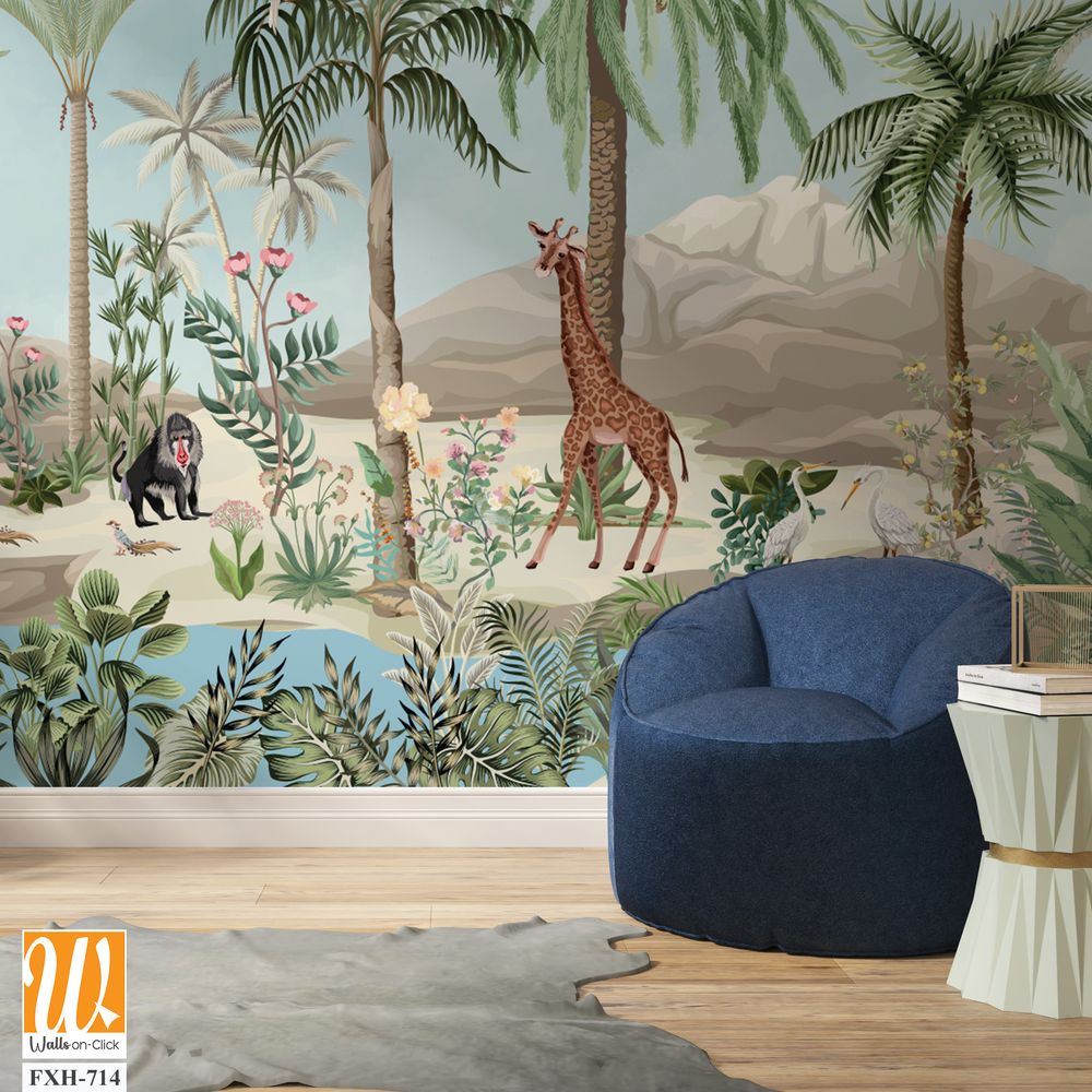 Wall Mural Modern classic white interior with stucco wall panels, Wall Mural plantation, watercolor background, birds, sky. [WP-FXH-714]