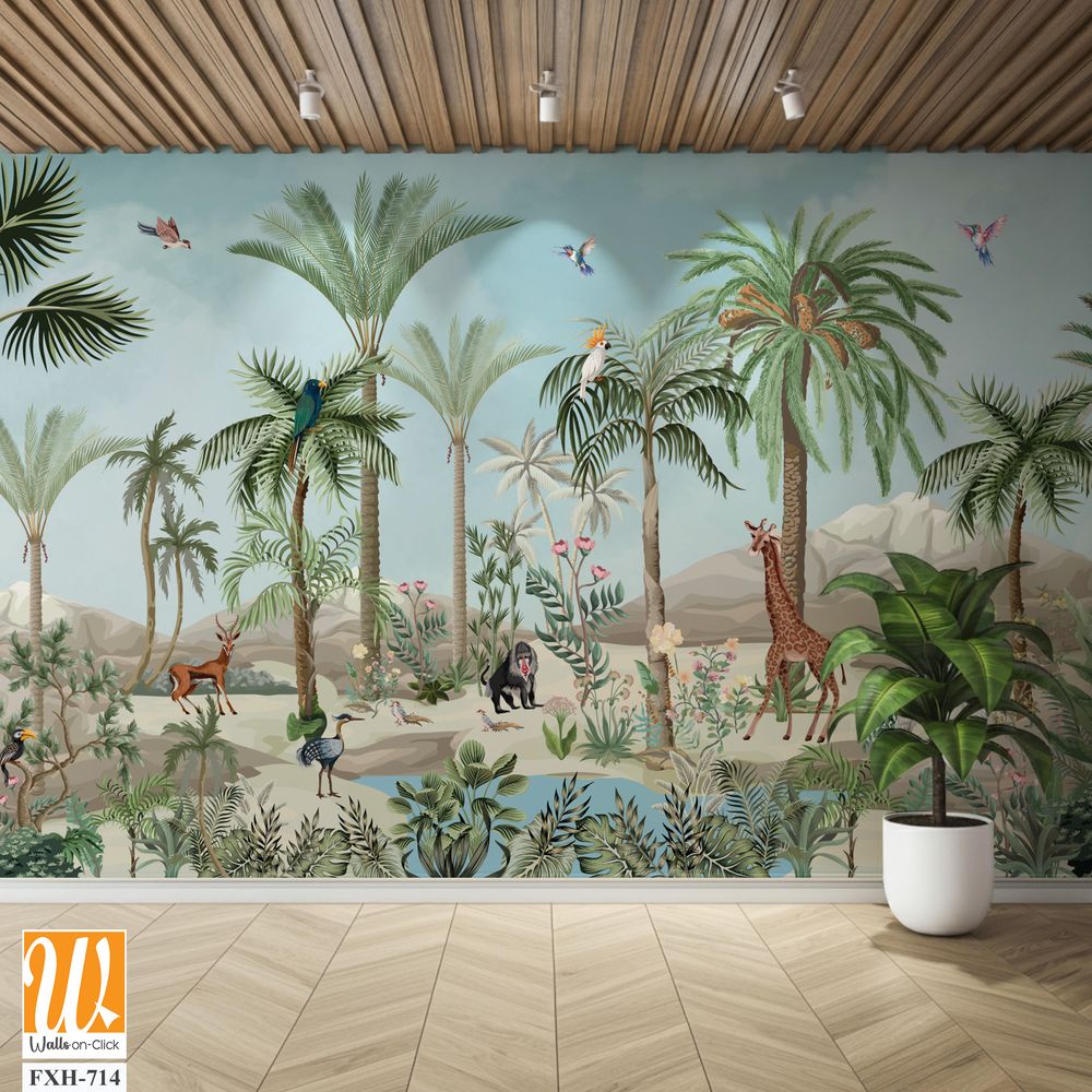 Wall Mural Modern classic white interior with stucco wall panels, Wall Mural plantation, watercolor background, birds, sky. [WP-FXH-714]
