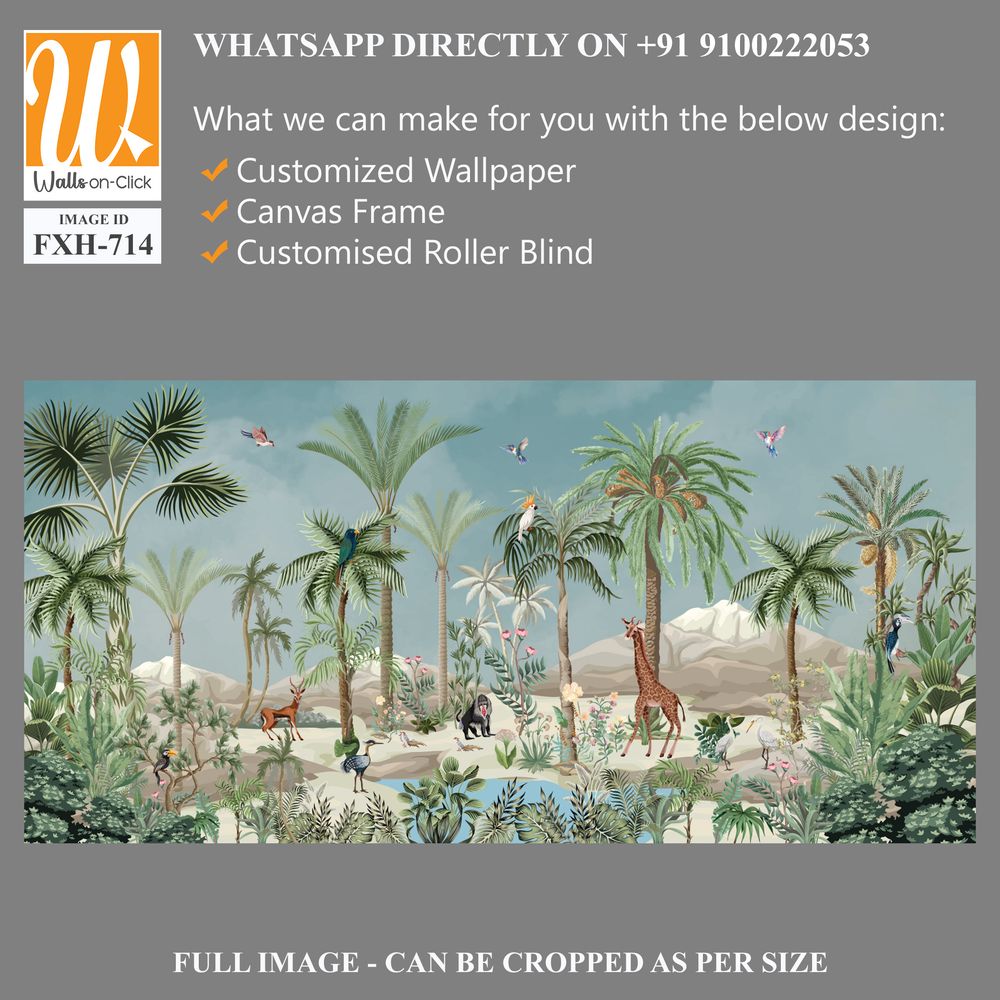 Wall Mural Modern classic white interior with stucco wall panels, Wall Mural plantation, watercolor background, birds, sky. [WP-FXH-714]