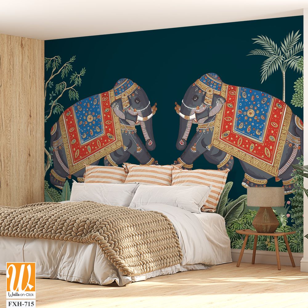 Indian miniature painting of adorned elephants on procession illustration for wallpaper [WP-FXH-715]
