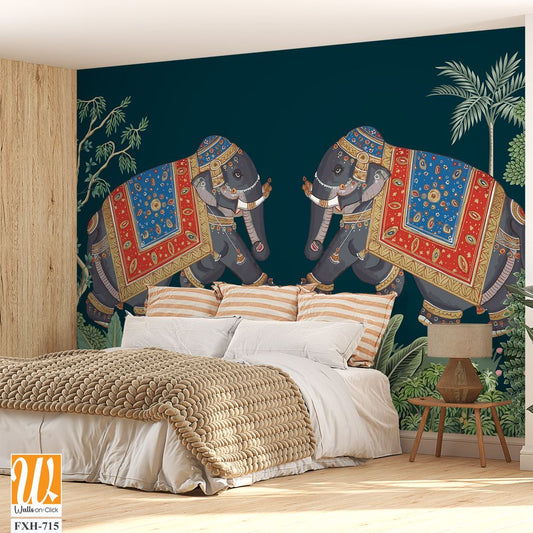 Indian miniature painting of adorned elephants on procession illustration for wallpaper [WP-FXH-715]