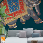 Indian miniature painting of adorned elephants on procession illustration for wallpaper [WP-FXH-715]