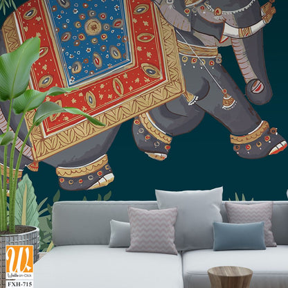 Indian miniature painting of adorned elephants on procession illustration for wallpaper [WP-FXH-715]