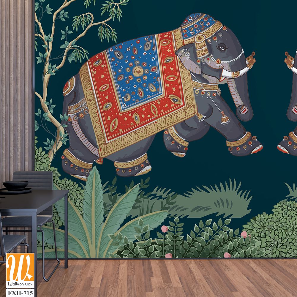 Indian miniature painting of adorned elephants on procession illustration for wallpaper [WP-FXH-715]