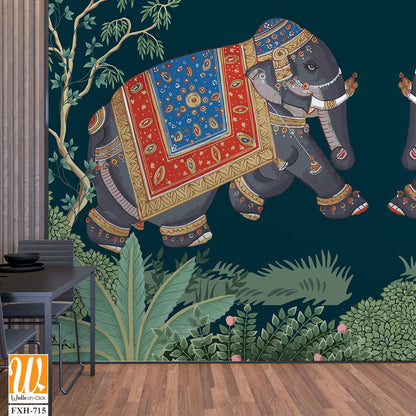 Indian miniature painting of adorned elephants on procession illustration for wallpaper [WP-FXH-715]