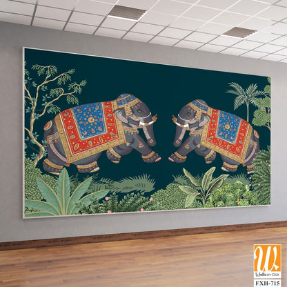 Indian miniature painting of adorned elephants on procession illustration for wallpaper [WP-FXH-715]