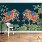 Indian miniature painting of adorned elephants on procession illustration for wallpaper [WP-FXH-715]