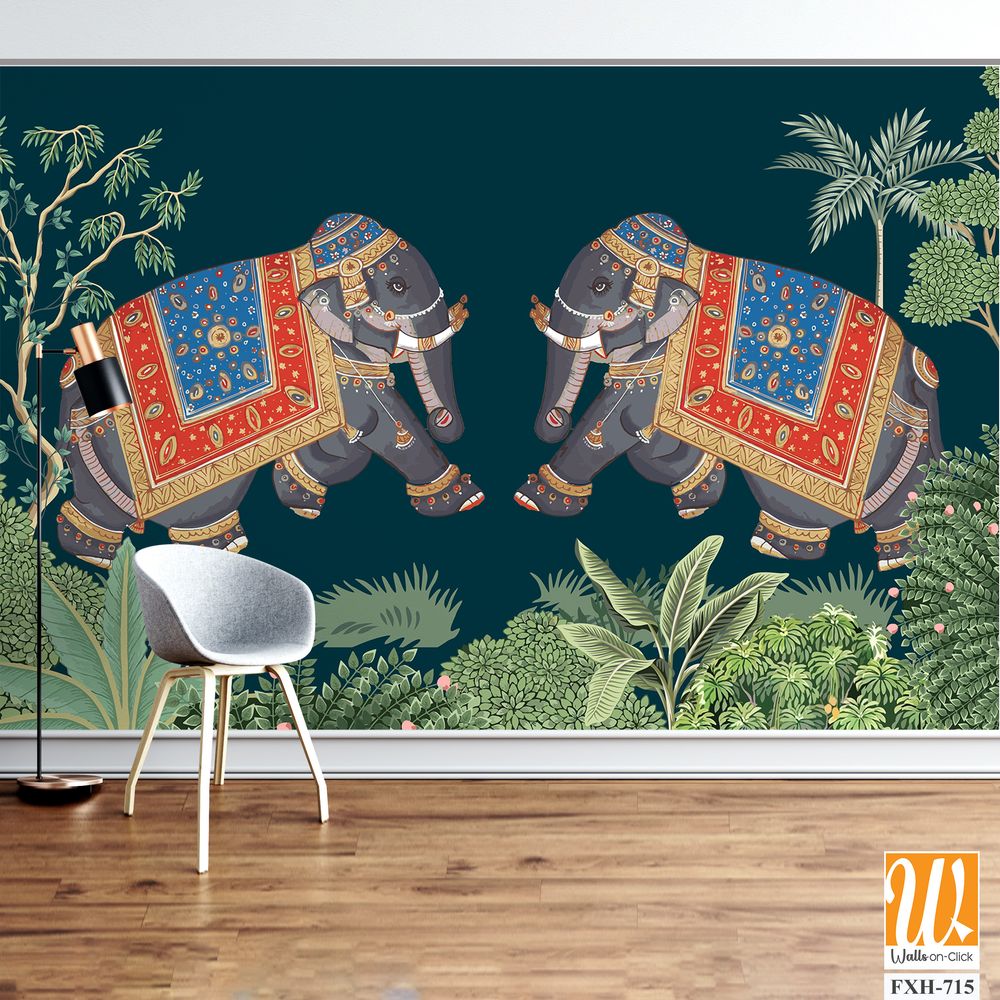 Indian miniature painting of adorned elephants on procession illustration for wallpaper [WP-FXH-715]