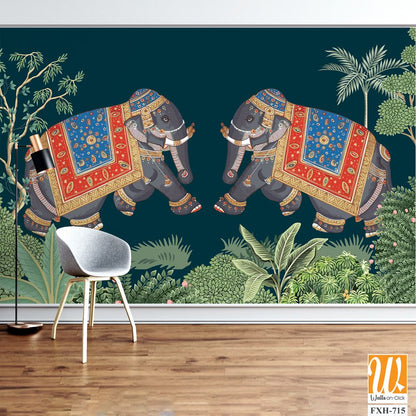 Indian miniature painting of adorned elephants on procession illustration for wallpaper [WP-FXH-715]