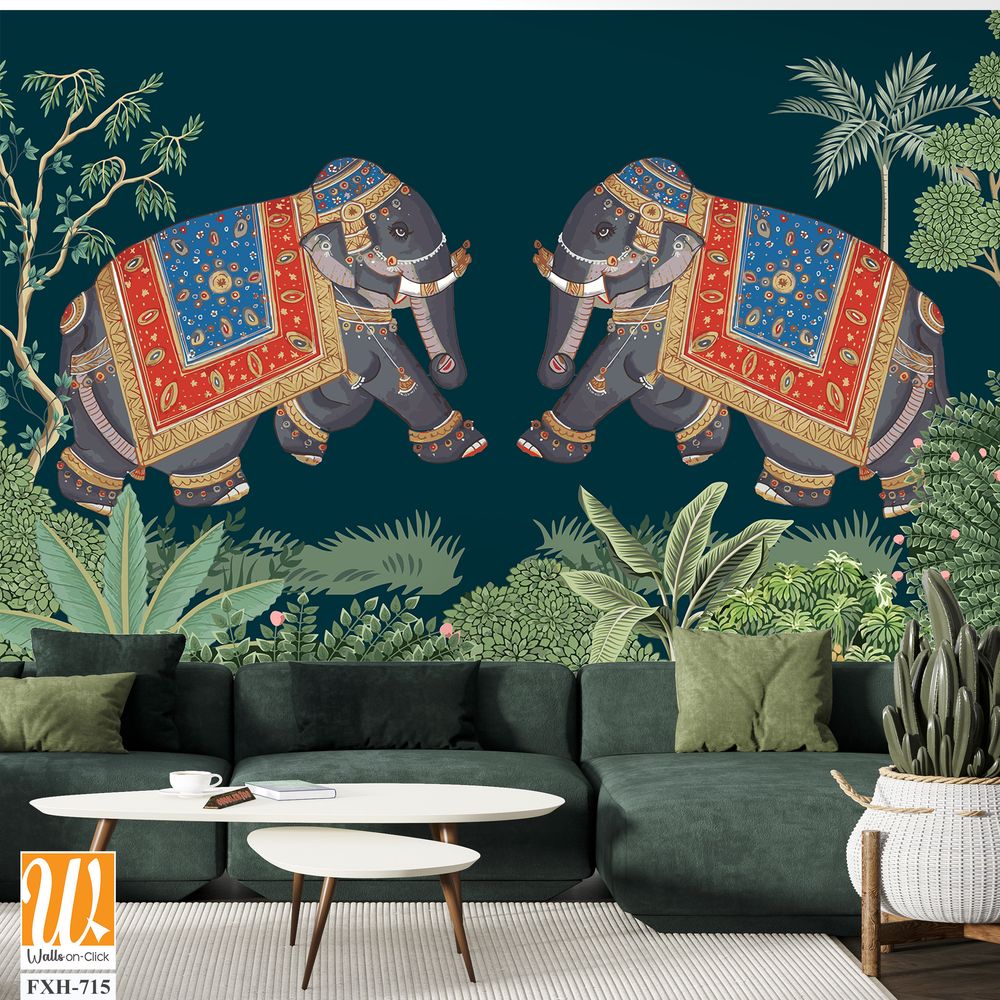 Indian miniature painting of adorned elephants on procession illustration for wallpaper [WP-FXH-715]
