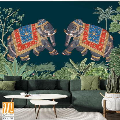 Indian miniature painting of adorned elephants on procession illustration for wallpaper [WP-FXH-715]