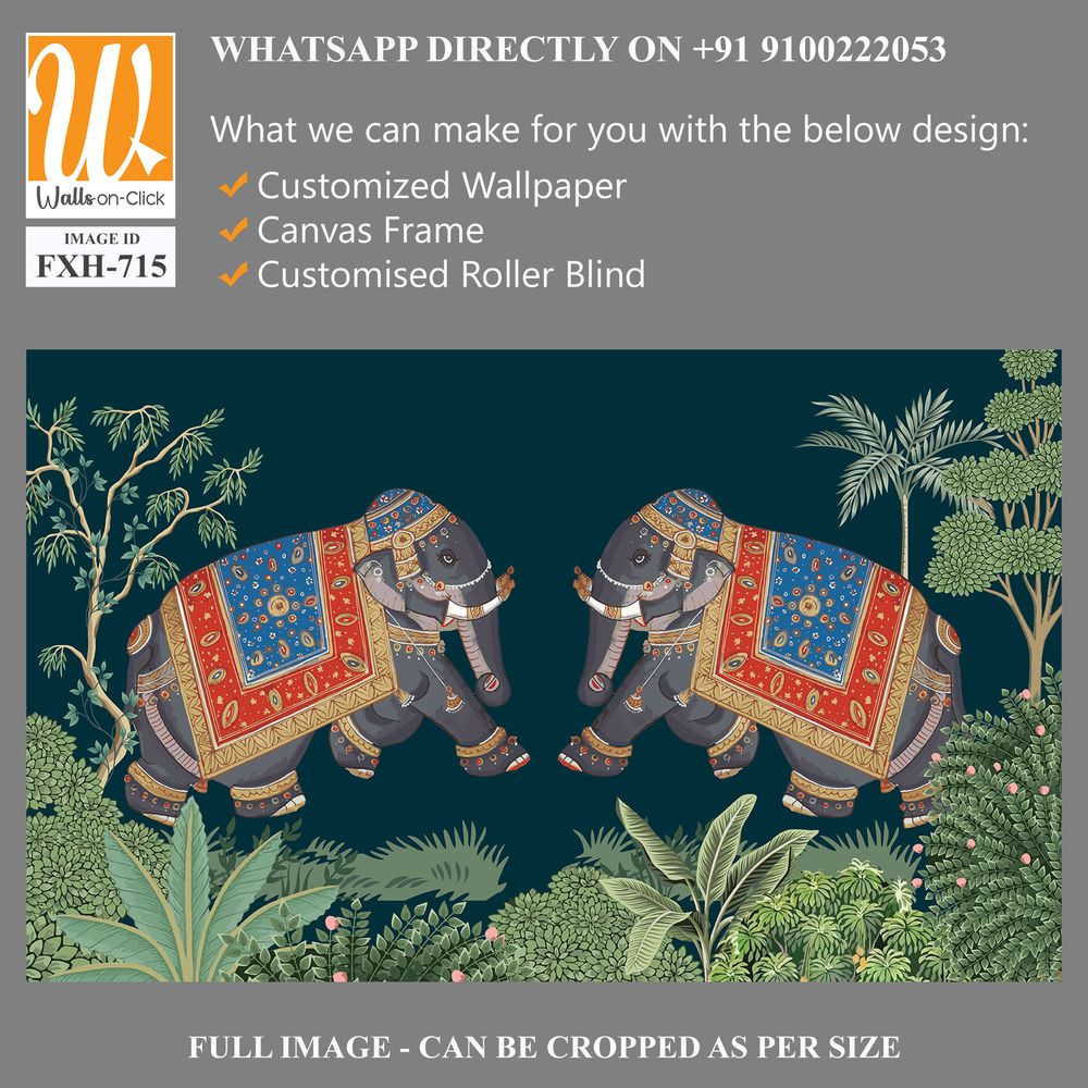 Indian miniature painting of adorned elephants on procession illustration for wallpaper [WP-FXH-715]