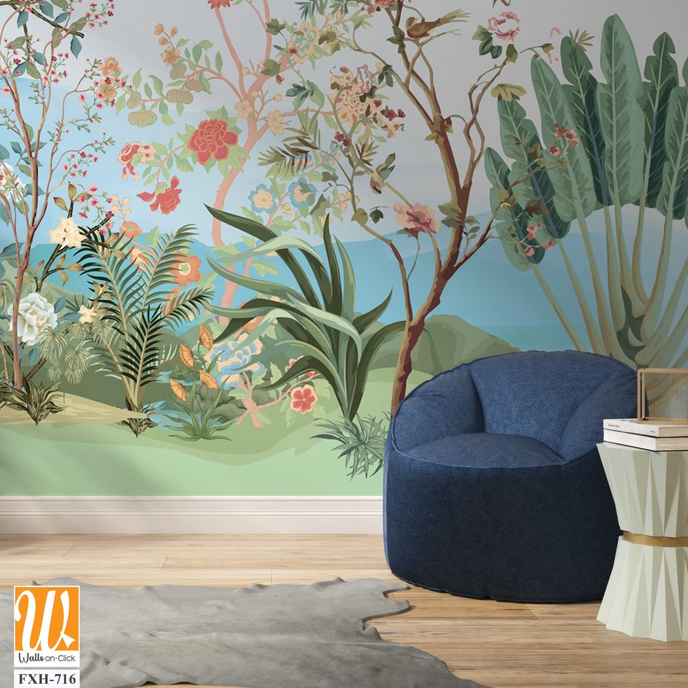 Tropical jungle wallpaper bird, Tropical leaves, tropical flowers wallpaper for digital printing. Exotic jungle wallpaper. [WP-FXH-716]