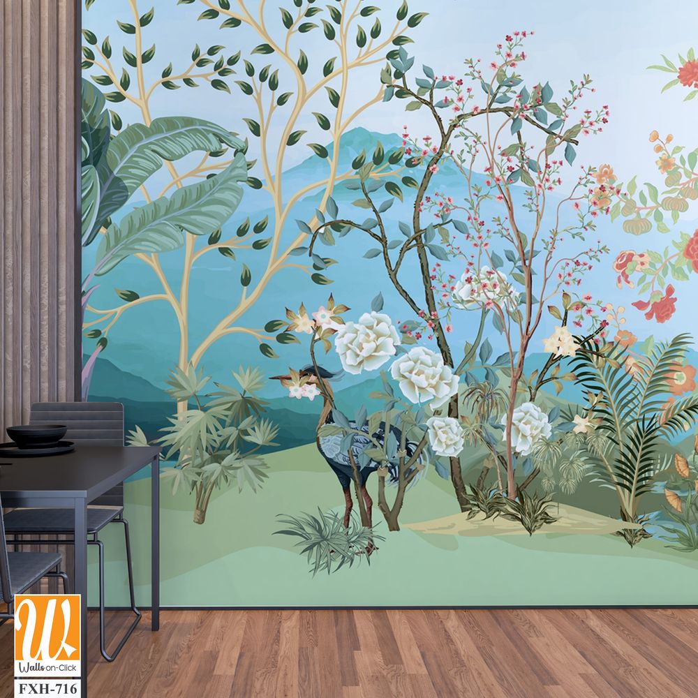 Tropical jungle wallpaper bird, Tropical leaves, tropical flowers wallpaper for digital printing. Exotic jungle wallpaper. [WP-FXH-716]