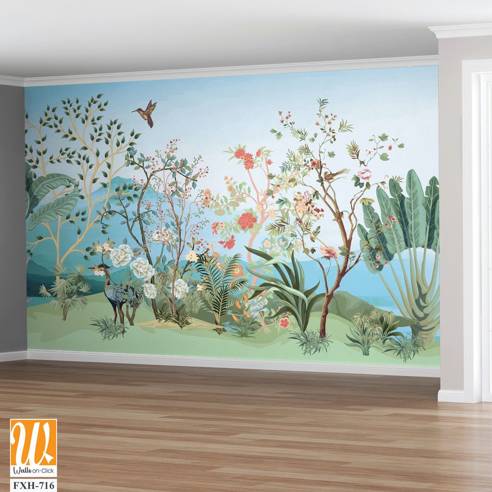 Tropical jungle wallpaper bird, Tropical leaves, tropical flowers wallpaper for digital printing. Exotic jungle wallpaper. [WP-FXH-716]