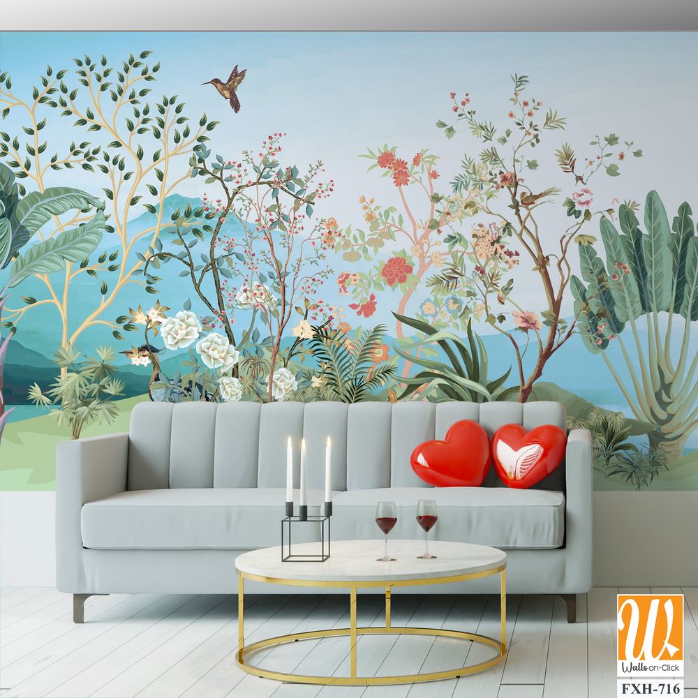 Tropical jungle wallpaper bird, Tropical leaves, tropical flowers wallpaper for digital printing. Exotic jungle wallpaper. [WP-FXH-716]