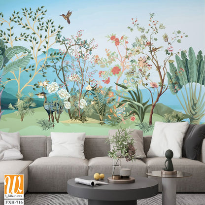 Tropical jungle wallpaper bird, Tropical leaves, tropical flowers wallpaper for digital printing. Exotic jungle wallpaper. [WP-FXH-716]