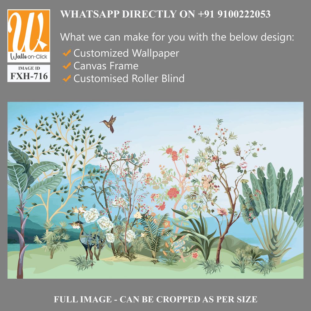 Tropical jungle wallpaper bird, Tropical leaves, tropical flowers wallpaper for digital printing. Exotic jungle wallpaper. [WP-FXH-716]