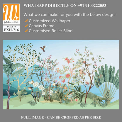 Tropical jungle wallpaper bird, Tropical leaves, tropical flowers wallpaper for digital printing. Exotic jungle wallpaper. [WP-FXH-716]